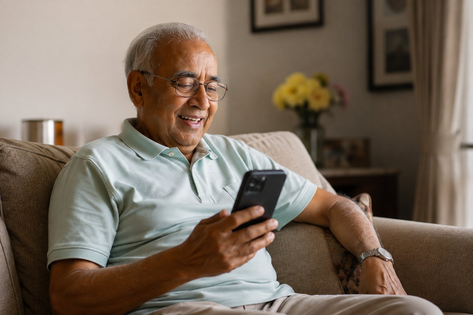 Dad smiling at a reminder on his phone, sitting on the sofa