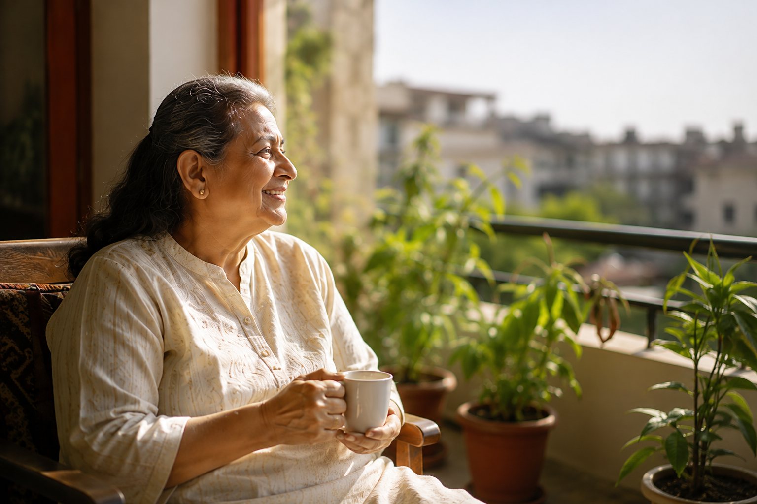 Mom having tea on her balcony