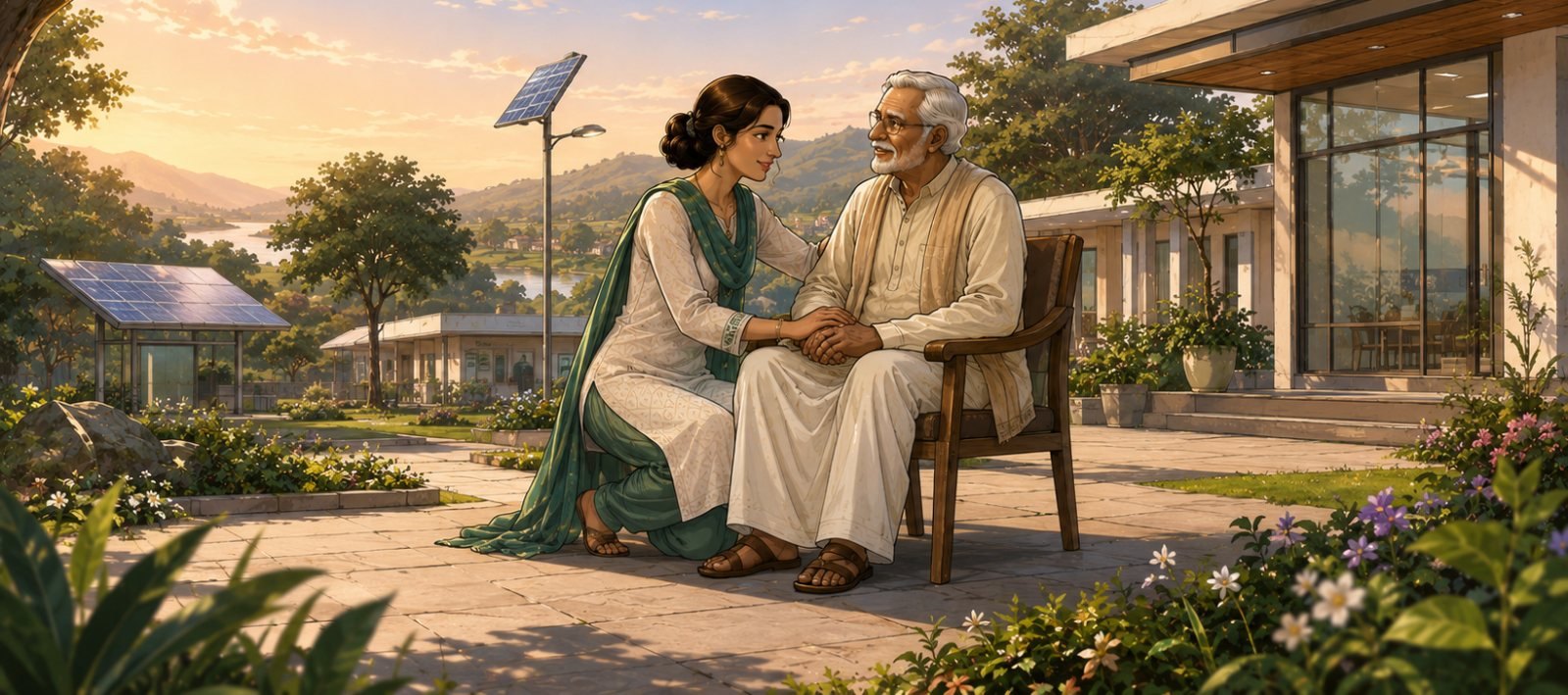 A daughter holding her father’s hands in the garden at dusk