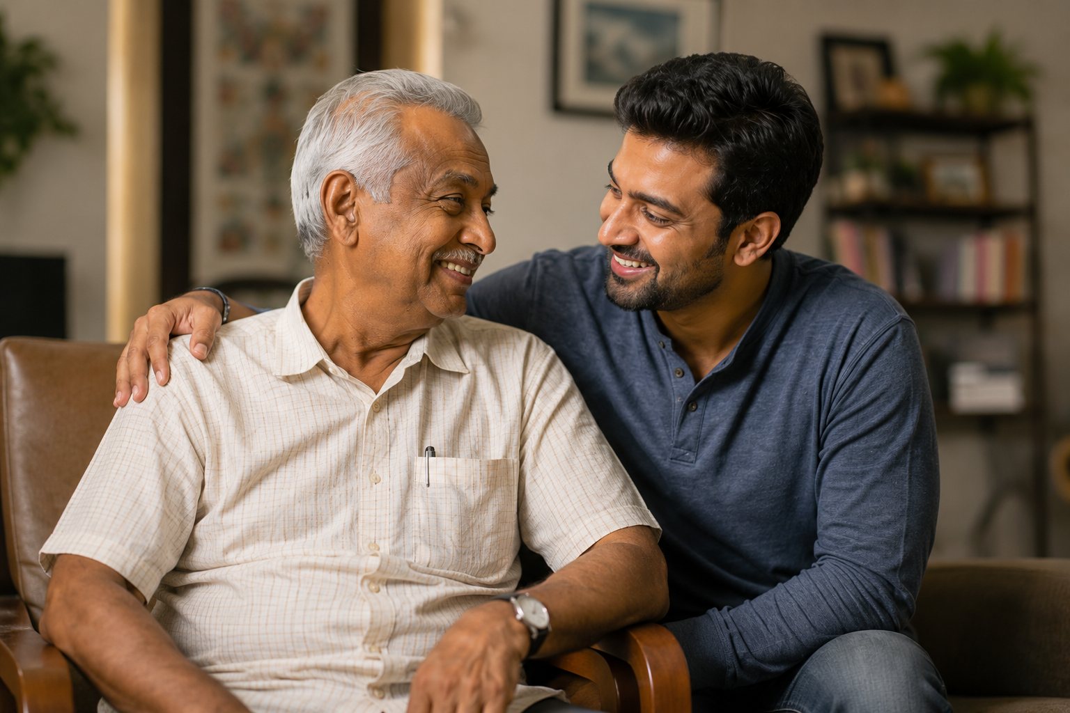 Dad laughing with his son on the sofa