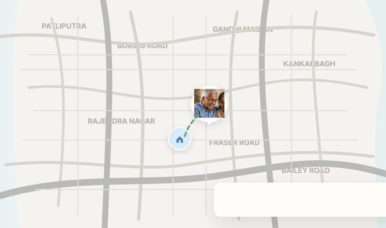 Map of Patna neighbourhoods with a dotted route from the home pin to a photo pin of an older couple, showing Mom has left home.