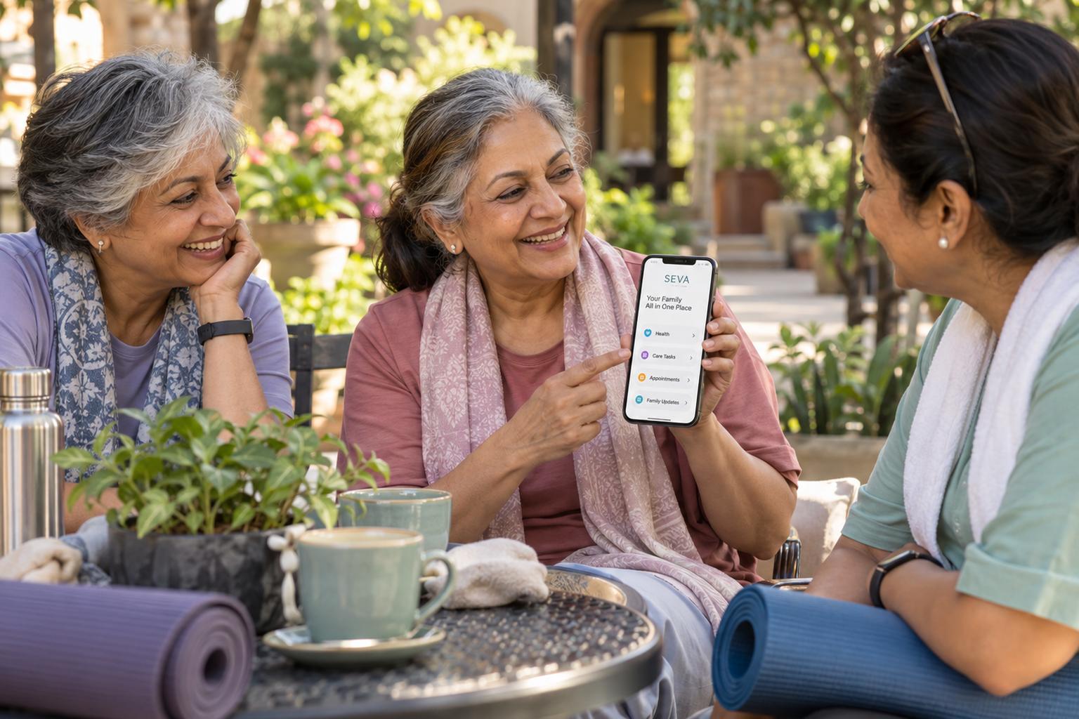 Mom and two friends chatting over tea after a yoga session, yoga mats beside them, as she shows them the SEVA app