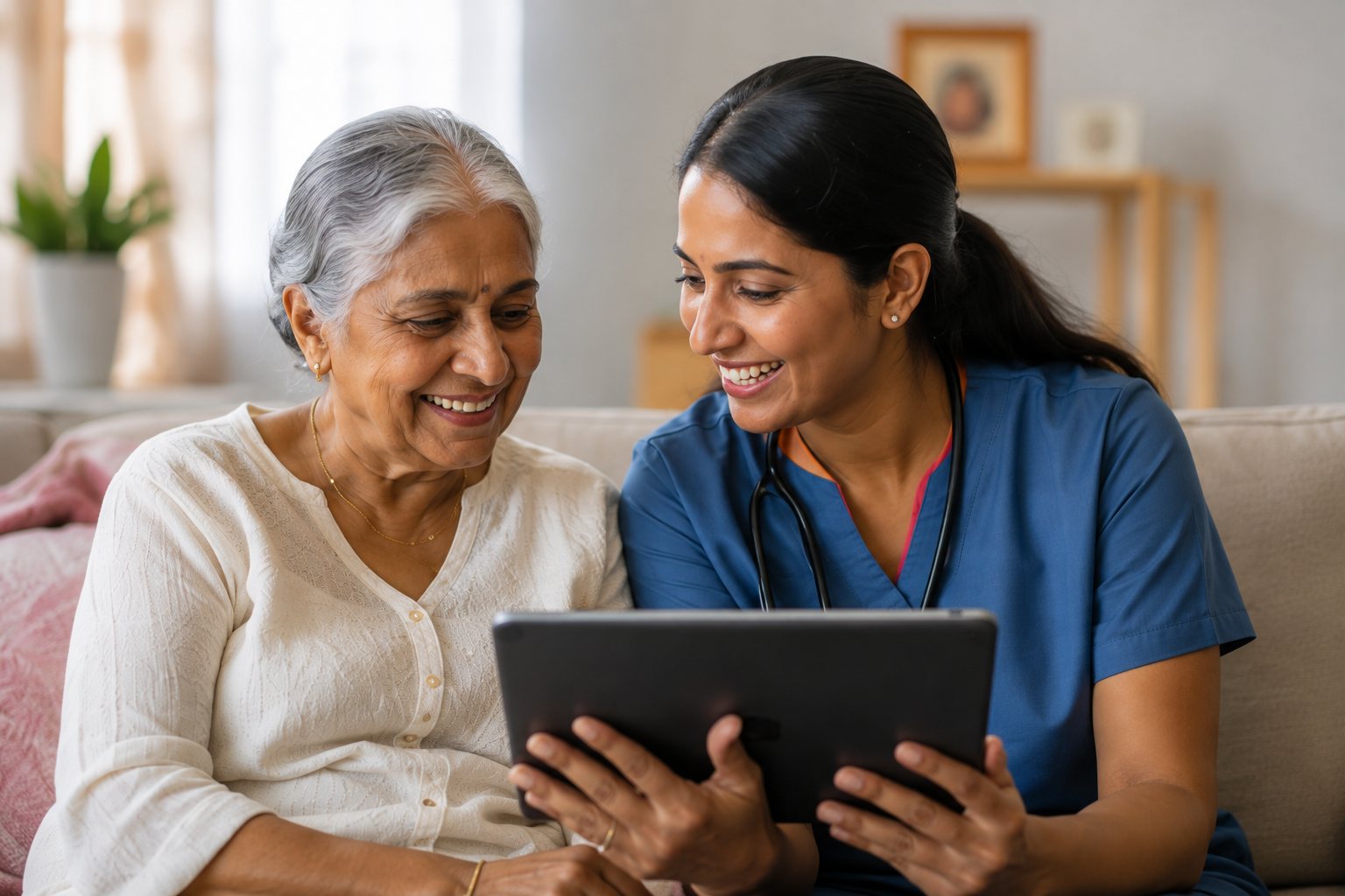 A nurse going over a report on a tablet with Mom