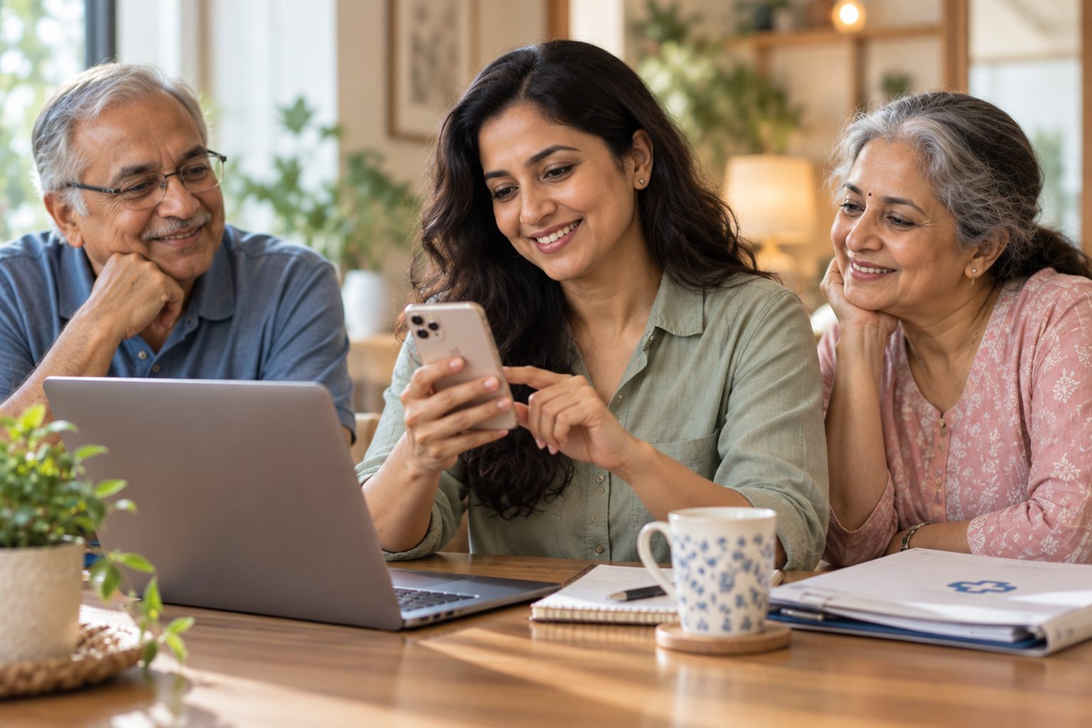 A younger sister managing an appointment on her phone at the dining table, with her parents beside her