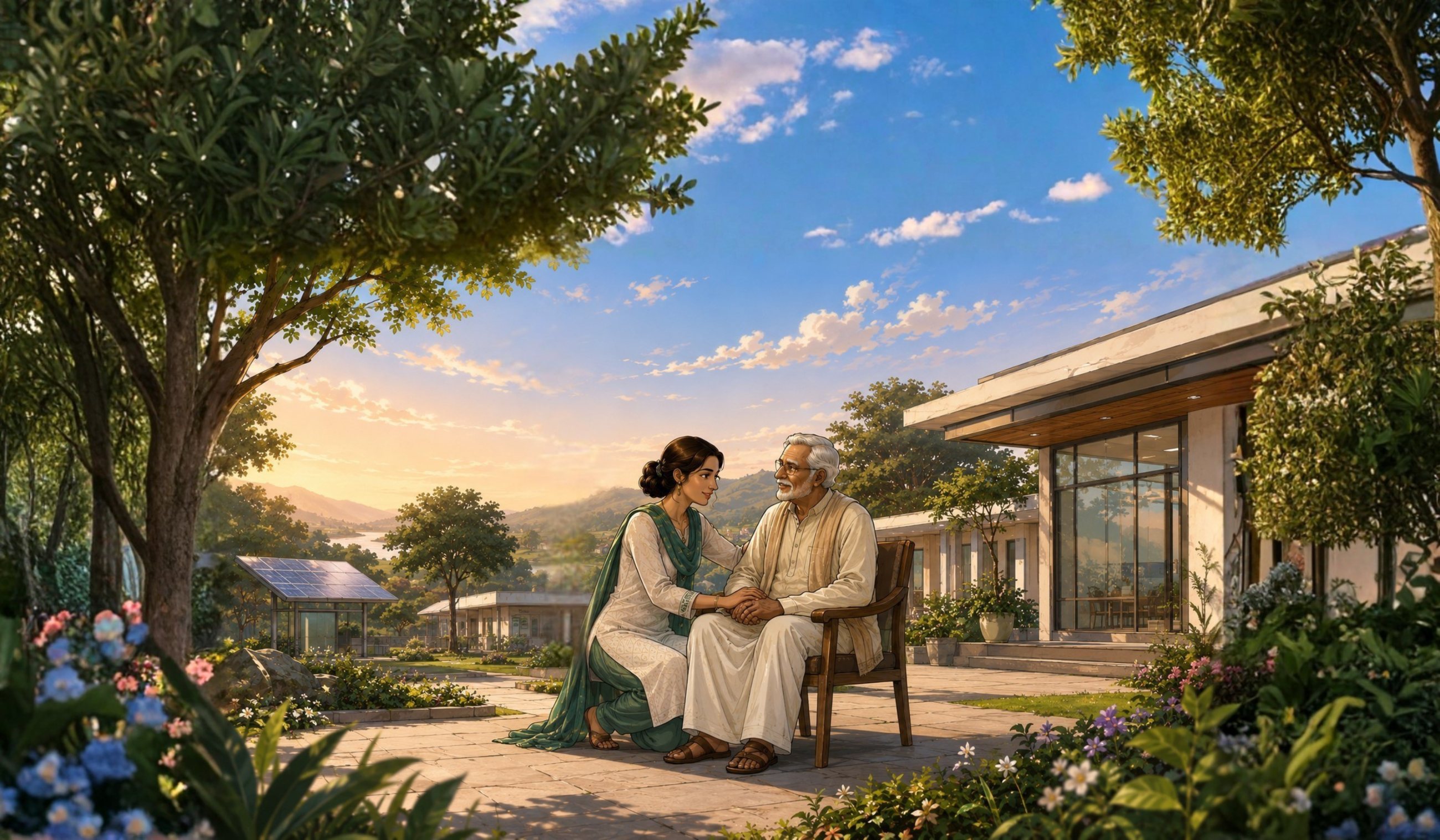 A daughter sitting with her father in the garden at home