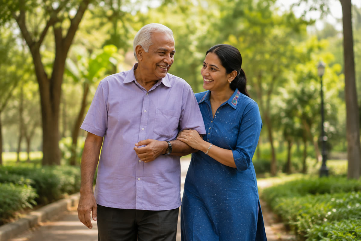 A father and daughter walking in a park